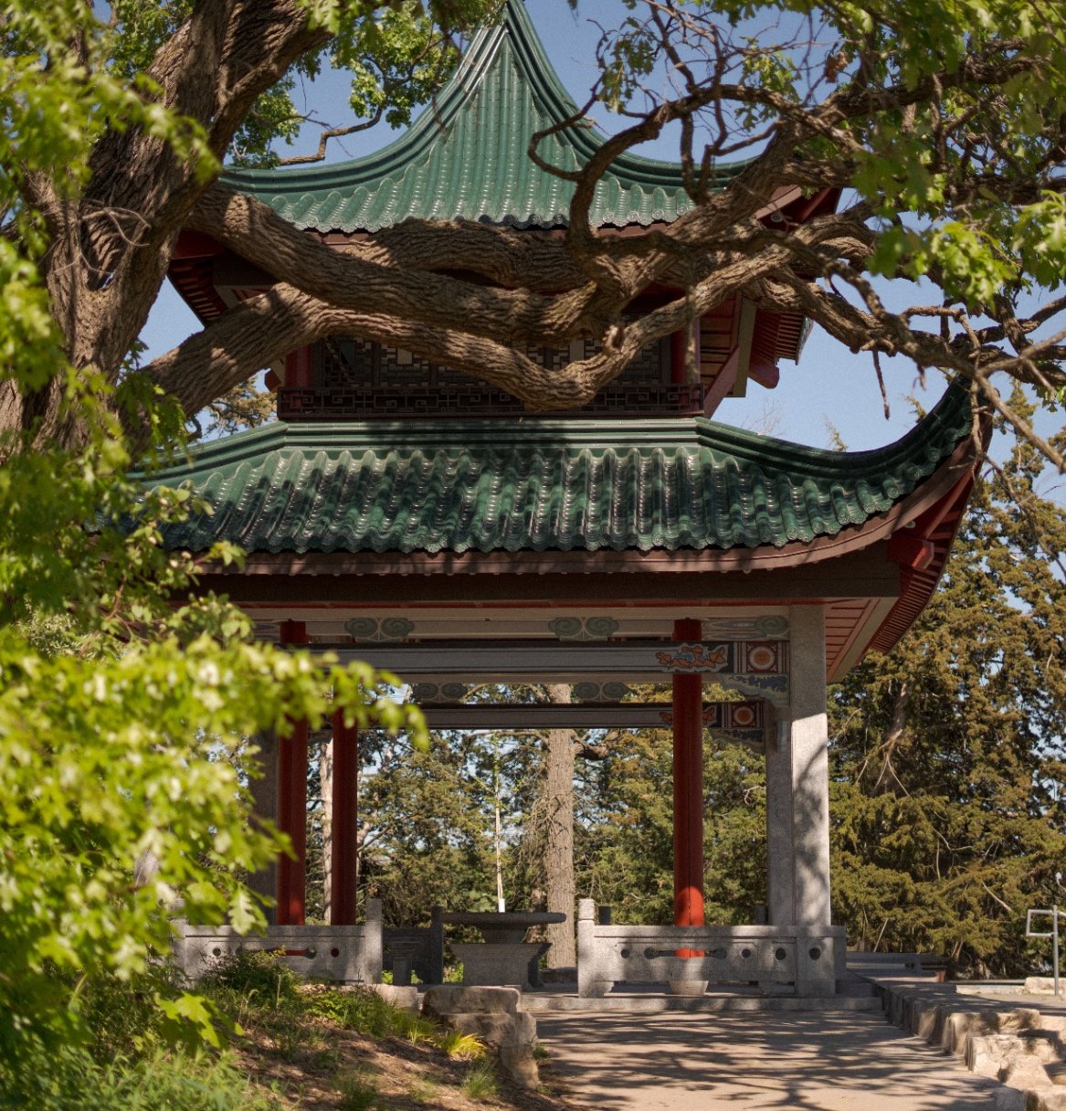 Pagoda framed by branches